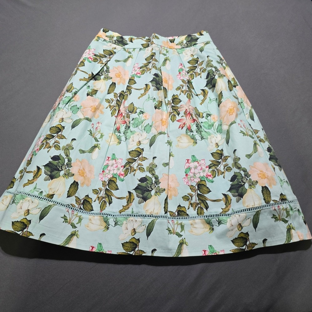 Tristan Floral A-Line Skirt Womens 6 Blue Pleated Botanical Pockets